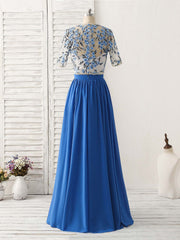 Formal Dresses Floral, Unique Blue Two Pieces Long Prom Dress Applique Formal Dress