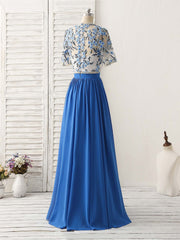 Formal Dresses To Wear To A Wedding, Unique Blue Two Pieces Long Prom Dress Applique Formal Dress