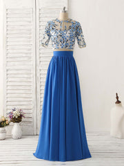Formal Dress For Teens, Unique Blue Two Pieces Long Prom Dress Applique Formal Dress