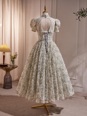 Evening Dresses Australia, Unique Hight Neck Tulle Lace Tea Length Prom Dress, Light Green Formal Dress