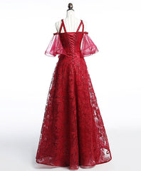 Semi Formal Dress, Unique Off Shoulder Tulle Lace Burgundy Long Prom Dress, Evening Dress