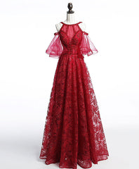 Classy Dress, Unique Off Shoulder Tulle Lace Burgundy Long Prom Dress, Evening Dress