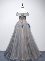 Party Dress Renswoude, Unique Off Shoulder Tulle Long Gray Prom Dress, A line Tulle Lace Evening Dress