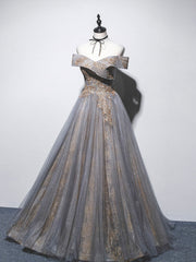 Party Dress Cocktail, Unique Off Shoulder Tulle Long Gray Prom Dress, A line Tulle Lace Evening Dress