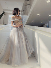 Party Dress Top, Unique Off Shoulder Tulle Long Gray Prom Dress, A line Tulle Lace Evening Dress