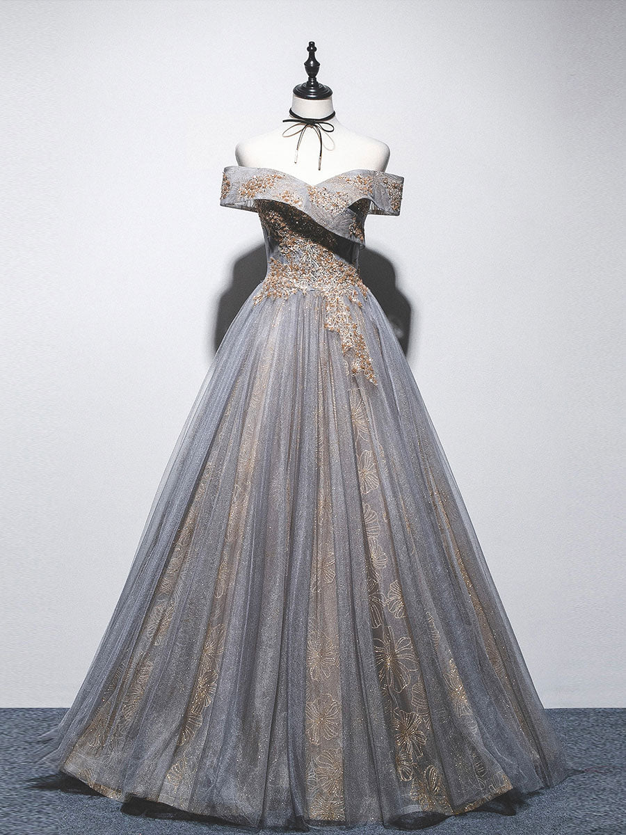 Party Dresses Wedding, Unique Off Shoulder Tulle Long Gray Prom Dress, A line Tulle Lace Evening Dress