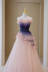 Sparklie Prom Dress, Unique Pink Gradient Long Prom Dress, A-Line Strapless Evening Party Dress