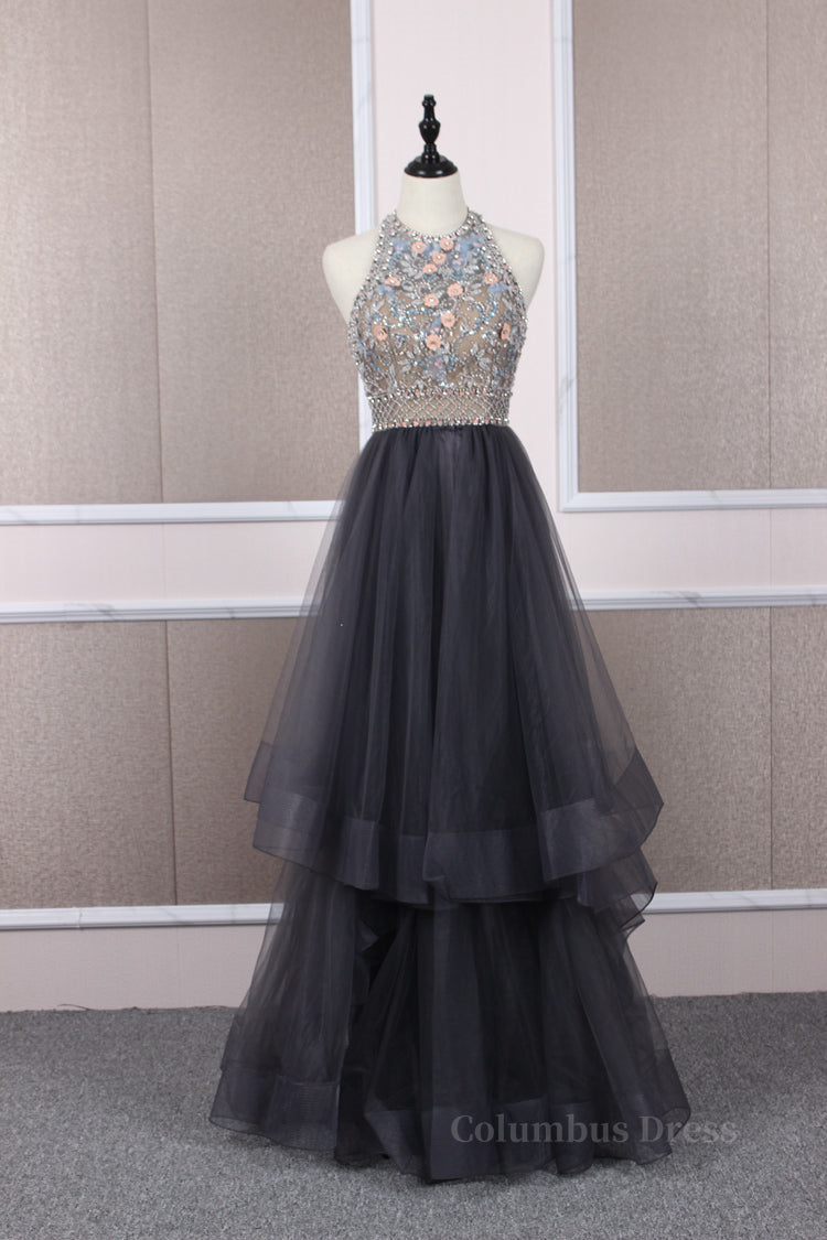 Homecoming Dresses For Middle School, Unique tulle beads long prom dress tulle long evening dress