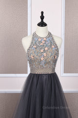 Homecoming Dresses Simples, Unique tulle beads long prom dress tulle long evening dress