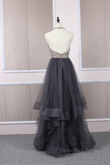 Homecoming Dress Simple, Unique tulle beads long prom dress tulle long evening dress