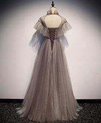 Prom Dresses With Slits, Unique Tulle Long Prom Dress, Tulle Gray Evening Dress