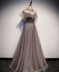 Prom Dresses Long Ball Gown, Unique Tulle Long Prom Dress, Tulle Gray Evening Dress