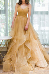 Prom Dress Outfit, Unique V Neck Tulle A-Line Long Prom Dress Tulle Formal Dress