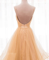 Prom Dresses With Long Sleeves, Unique V Neck Tulle A-Line Long Prom Dress Tulle Formal Dress