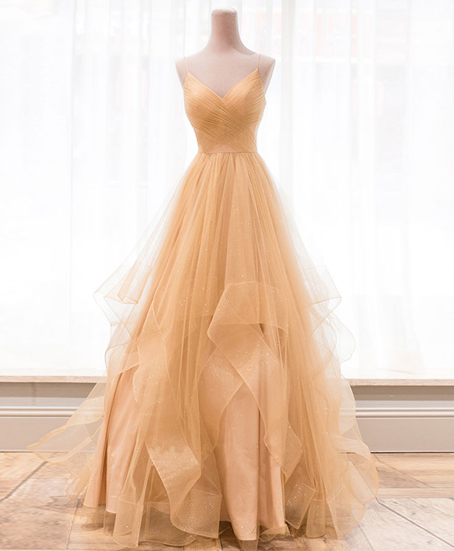 Prom Dress Outfits, Unique V Neck Tulle A-Line Long Prom Dress Tulle Formal Dress