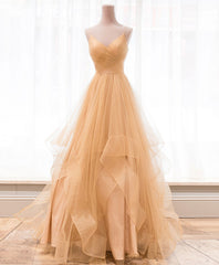 Prom Dress Outfits, Unique V Neck Tulle A-Line Long Prom Dress Tulle Formal Dress