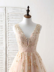 Bridesmaid Dress Vintage, Unique V Neck Tulle Lace Applique Long Prom Dress, Evening Dress