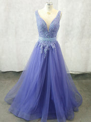 Short Dress, Unique V Neck Tulle Lace Applique Long Prom Dress, Tulle Evening Dress