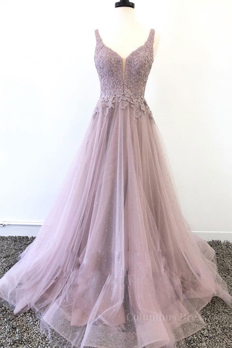 Homecoming Dresses Aesthetic, Unique v neck tulle lace long prom dress, tulle evening dress