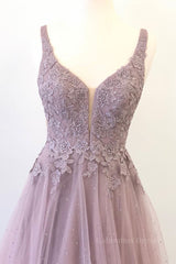 Homecoming Dress Shop, Unique v neck tulle lace long prom dress, tulle evening dress