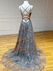 Prom Dressed Ball Gown, Unique v neck tulle sequin long prom dress, sequin long evening dress
