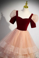 Bridesmaid Dresses Red, Unique Velvet Long A-Line Prom Dress with Ruffles, Cute Evening Party Dress