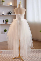 Prom Dresses Green Emerald, Unique White Strapless Irregular Tulle Short Prom Dress, White Party Dress