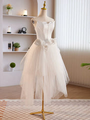 Evening Dress With Sleeves Uk, Unique White Tulle Satin Short Prom Dress, White Homecoming Dress