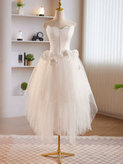 Evening Dresses Knee Length, Unique White Tulle Satin Short Prom Dress, White Homecoming Dress