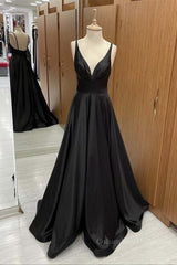 Formal Dresses Shop, V Neck Backless Black Satin Long Prom Dresses, Backless Black Formal Dresses, Black Evening Dresses