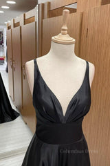 Formal Dress Shopping, V Neck Backless Black Satin Long Prom Dresses, Backless Black Formal Dresses, Black Evening Dresses