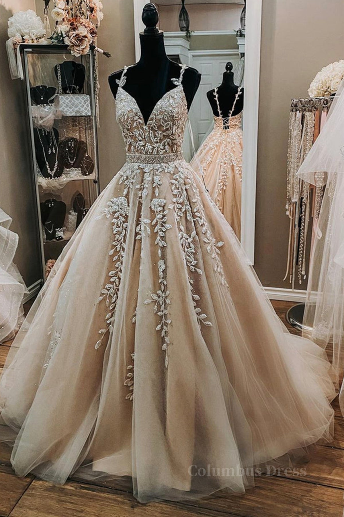 Formal Dress For Teen, V Neck Backless Champagne Tulle Lace Long Prom Dresses, Champagne Lace Formal Evening Dresses, Champagne Ball Gown