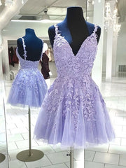 Formal Dresses And Evening Gowns, V Neck Backless Purple Lace Short Prom Dresses, Open Back Purple Short Lace Formal Homecoming Dresses