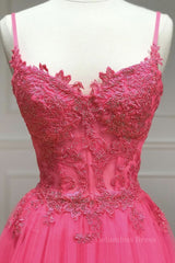 Formal Dress Short, V Neck Beaded Hot Pink Lace Tulle Long Prom Dresses, Hot Pink Lace Formal Dresses, Hot Pink Evening Dresses