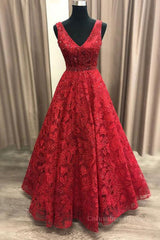 Formal Dress Shop, V Neck Burgundy Lace Long Prom Dresses, Burgundy Lace Formal Dresses, Burgundy Evening Dresses