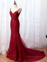 Party Dresses Ladies, V Neck Burgundy Mermaid Lace Prom Dresses, Wine Red Mermaid Lace Formal Bridesmaid Dresses