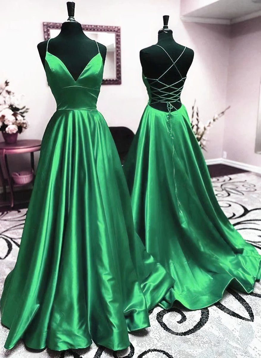 Bridesmaid Dress Spring, V Neck Green Backless A-line Satin Long Prom Dresses