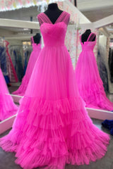 Homecoming Dresses Shop, V-Neck Hot Pink Layered Tulle Formal Dress