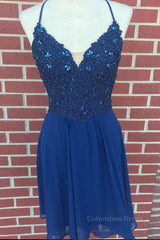 Bridesmaids Dresses Fall Wedding, V Neck Lace Beaded Blue Homecoming Dresses Short Prom Dresses, Blue Lace Graduation Dresses, Blue Formal Dresses, Evening Dresses