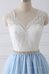 Homemade Ranch Dress, V Neck Light Blue Lace Prom Dresses, Light Blue Lace Formal Evening Dresses