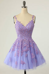 Prom Dresses Online, V-Neck Lilace Tulle A-Line Short Party Dress with Appliques