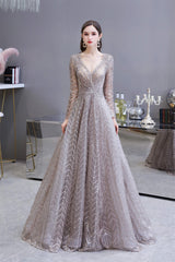 Bridesmaid Dresses Vintage, V-neck Long Sleeves Floor Length Lace A-line Prom Dresses