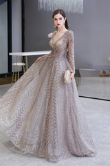 Bridesmaid Dresses Winter, V-neck Long Sleeves Floor Length Lace A-line Prom Dresses