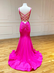 Formal Dresses Long Sleeve, V Neck Mermaid Hot Pink Prom Dresses, Hot Pink Mermaid Backless Formal Evening Dresses