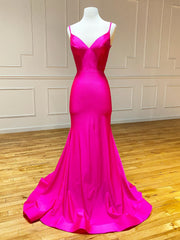 Formal Dress For Woman, V Neck Mermaid Hot Pink Prom Dresses, Hot Pink Mermaid Backless Formal Evening Dresses