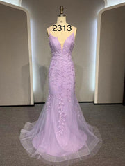 Party Dress Design, V Neck Mermaid Purple Lace Prom Dresses, V Neck Mermaid Purple Lace Formal Evening Dresses