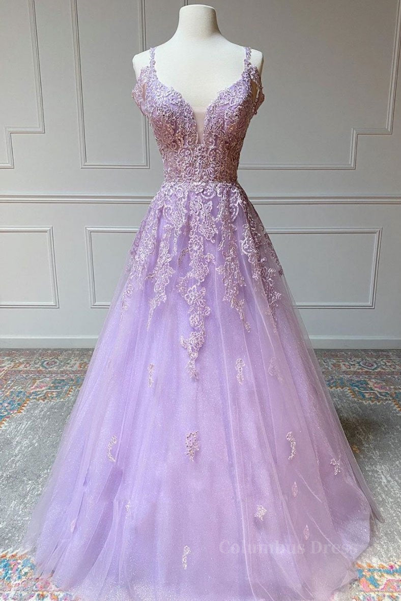 Formal Dresses For Girls, V Neck Off Shoulder Long Lilac Lace Prom Dress, Off Shoulder Purple Lace Formal Graduation Evening Dress