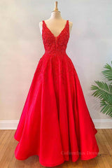 Wedding, V Neck Open Back Red Lace Long Prom Dress, Red Lace Formal Dress, Beaded Red Evening Dress