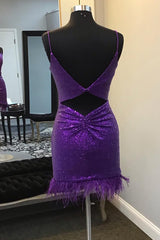 Prom Dresses Long, V-Neck Purple Sequins Homecoming Dress with Feather Hem