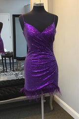 Short Black Dress, V-Neck Purple Sequins Homecoming Dress with Feather Hem